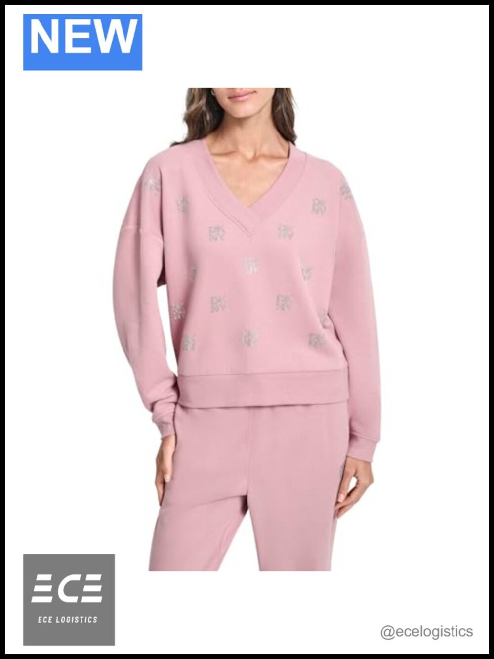 Rhinestone V-Neck Logo Fleece Sweatshirt Pullover Casual Layer